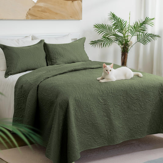 Bedspreads Queen Size, Olive Green Quilt Sets Full Size, Lightweight Comforter Set for All Season, with 2 Pillow Shams